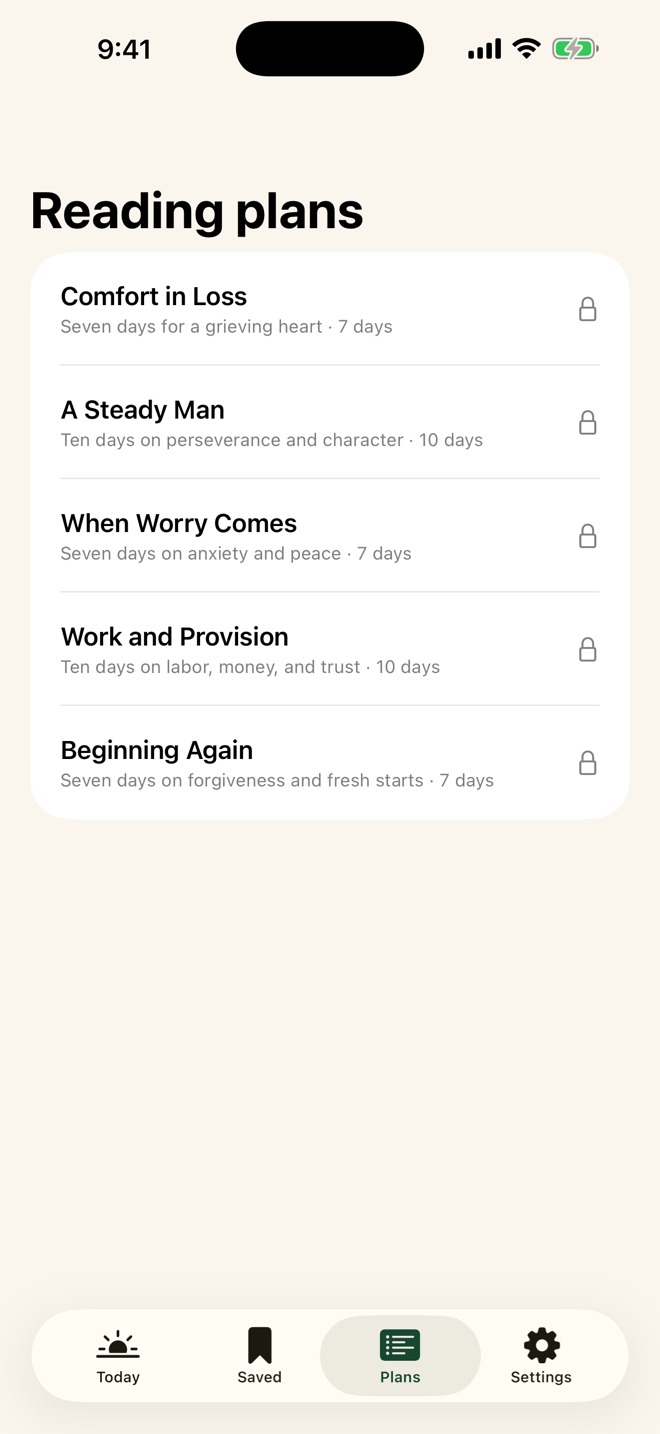 Morning Watch reading plans screen with themed plans to follow.