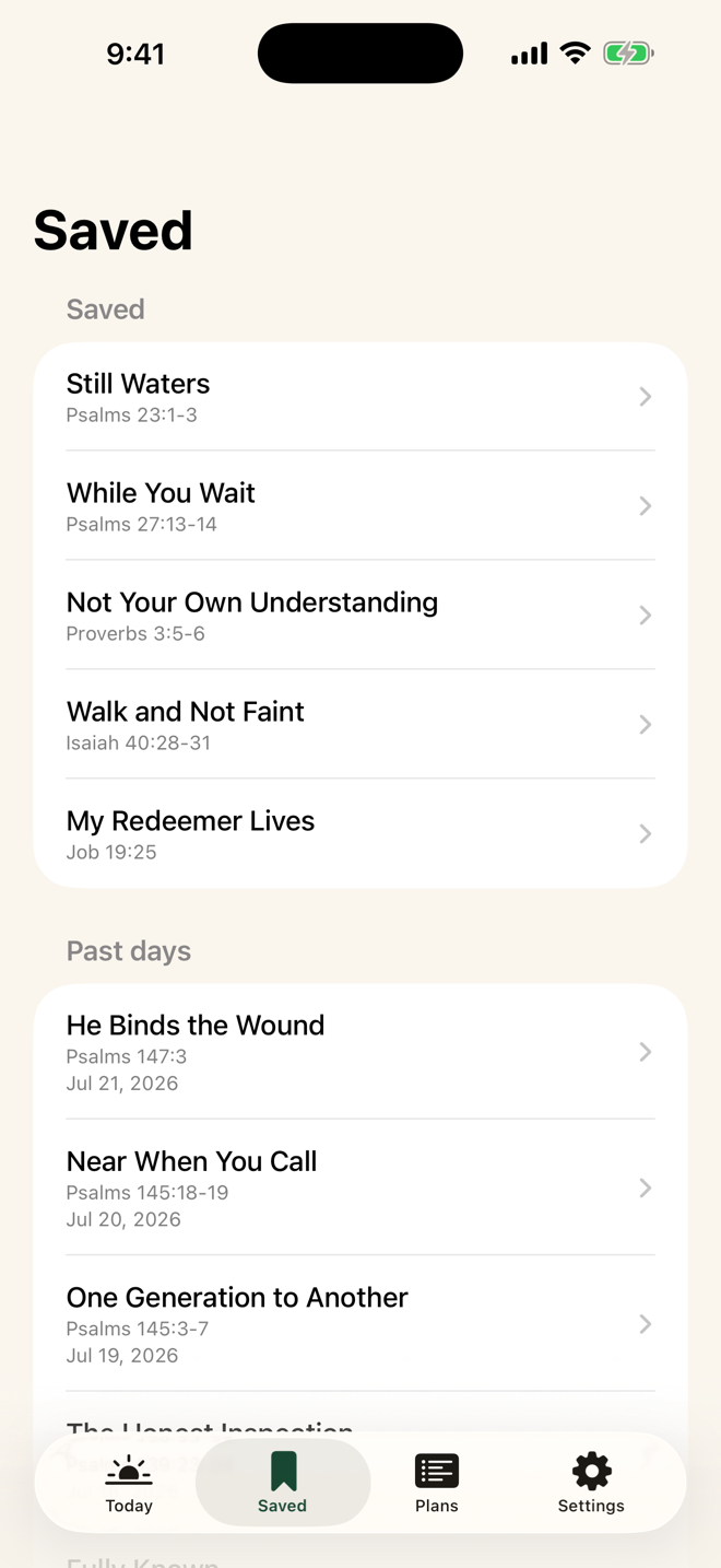 Morning Watch Saved screen listing devotionals the reader has kept.