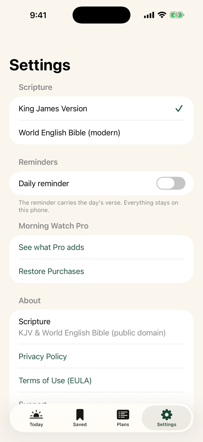 Morning Watch Settings screen: translation choice, morning reminder, and text size.