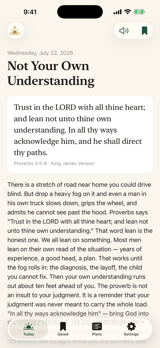 Morning Watch Today screen: a scripture passage, a short reflection, and a one-line prayer.
